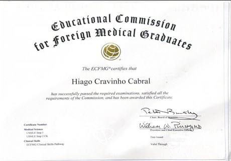 Certificado da ECFMG emitido em nome de Hiago Cravinho Cabral