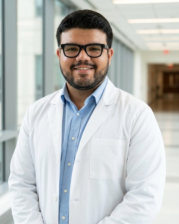 Hiago Cabral, médico brasileiro, em um corredor de hospital nos Estados Unidos