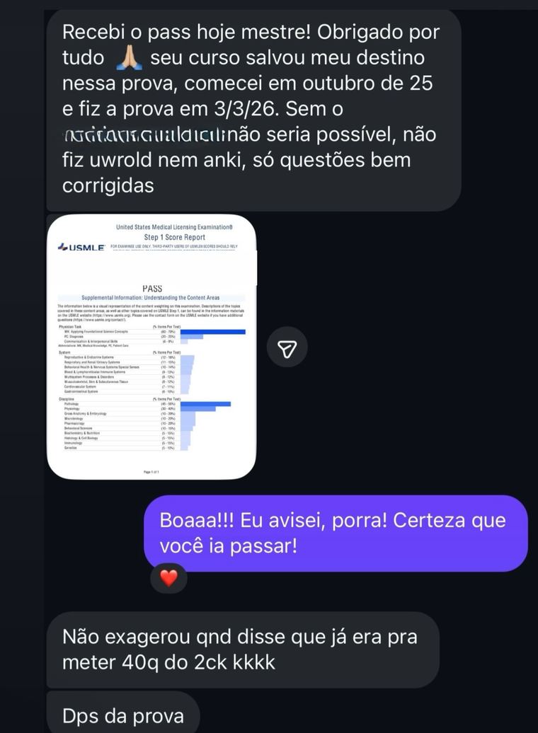 Mensagem: recebi o pass hoje, o curso salvou meu destino nessa prova